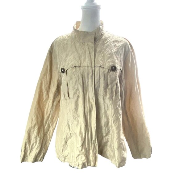 CHICO'S Women Crinkle Jacket Silk Blend Zip Snap Front Long Sleeve Sz 2/L Gold - Picture 1 of 13